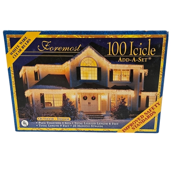 NIB Foremost 100 Icicle Add-a-Set White‎ Lights White Wire Christmas Lights - Picture 2 of 8